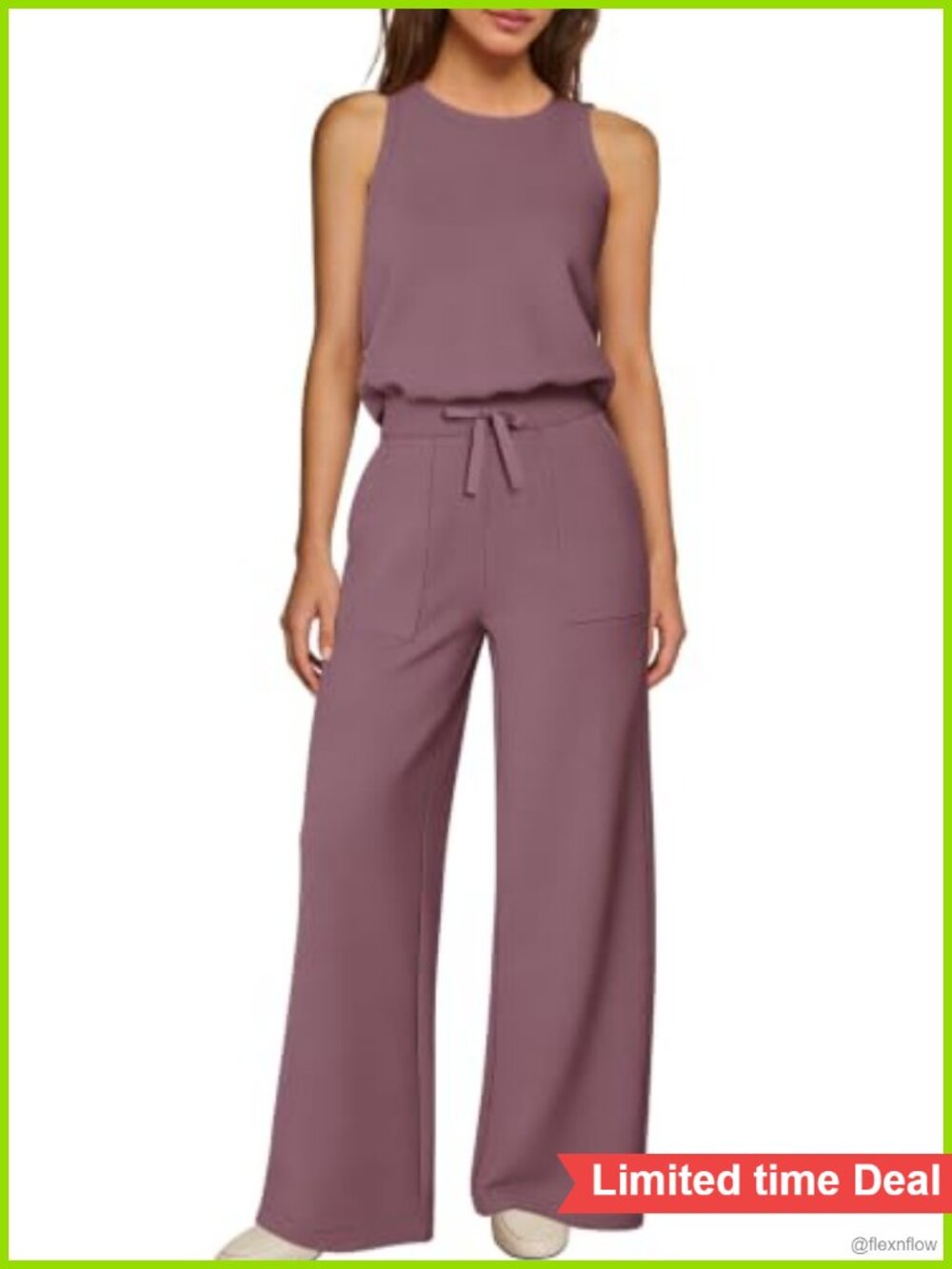 Womens Sleeveless Wide Leg Jumpsuit Crew Neck Elastic Waist Pockets